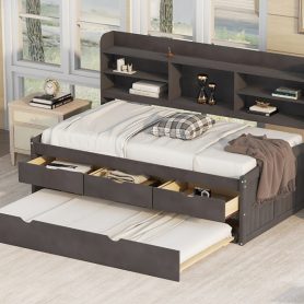 Twin Size Wooden Captain Bed with Built-in Bookshelves,Three Storage Drawers and Trundle