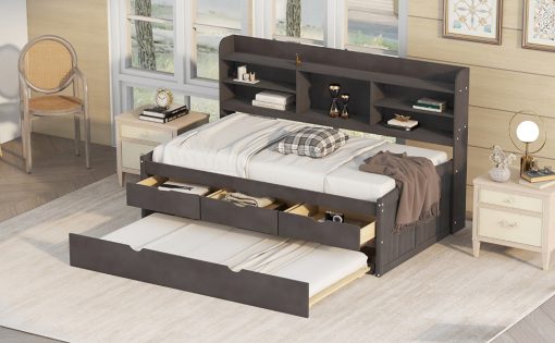 Twin Size Wooden Captain Bed with Built-in Bookshelves,Three Storage Drawers and Trundle