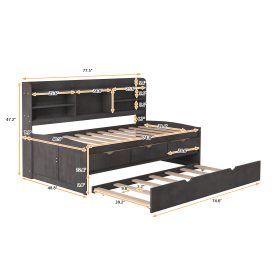 Twin Size Wooden Captain Bed with Built-in Bookshelves,Three Storage Drawers and Trundle