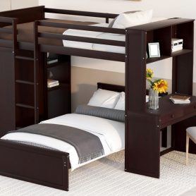 Twin size Loft Bed with a Stand-alone bed, Shelves,Desk,and Wardrobe