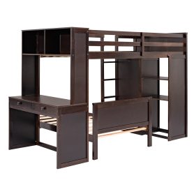 Twin size Loft Bed with a Stand-alone bed, Shelves,Desk,and Wardrobe