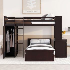 Twin size Loft Bed with a Stand-alone bed, Shelves,Desk,and Wardrobe