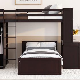 Twin size Loft Bed with a Stand-alone bed, Shelves,Desk,and Wardrobe