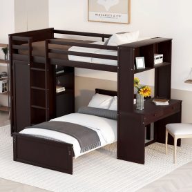 Twin size Loft Bed with a Stand-alone bed, Shelves,Desk,and Wardrobe