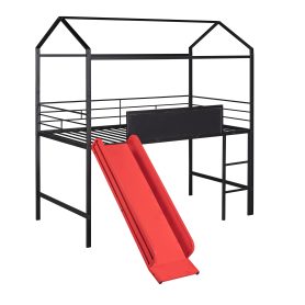 Twin Size Metal House Bed With Slide and Writing Board
