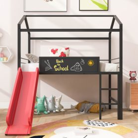 Twin Size Metal House Bed With Slide and Writing Board