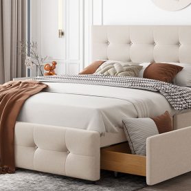 Upholstered Platform Bed with Classic Headboard and 4 Drawers