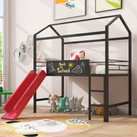 Twin Size Metal House Bed With Slide and Writing Board