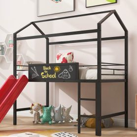 Twin Size Metal House Bed With Slide and Writing Board