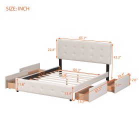 Upholstered Platform Bed with Classic Headboard and 4 Drawers