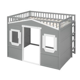 Full Size House Loft Bed With Ladder and Guardrail