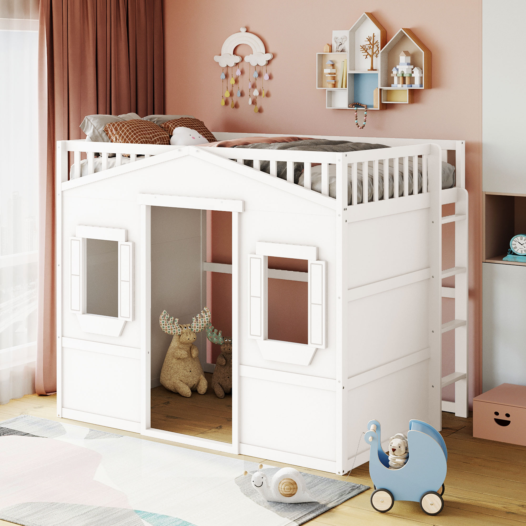 Full Size House Loft Bed With Ladder and Guardrail