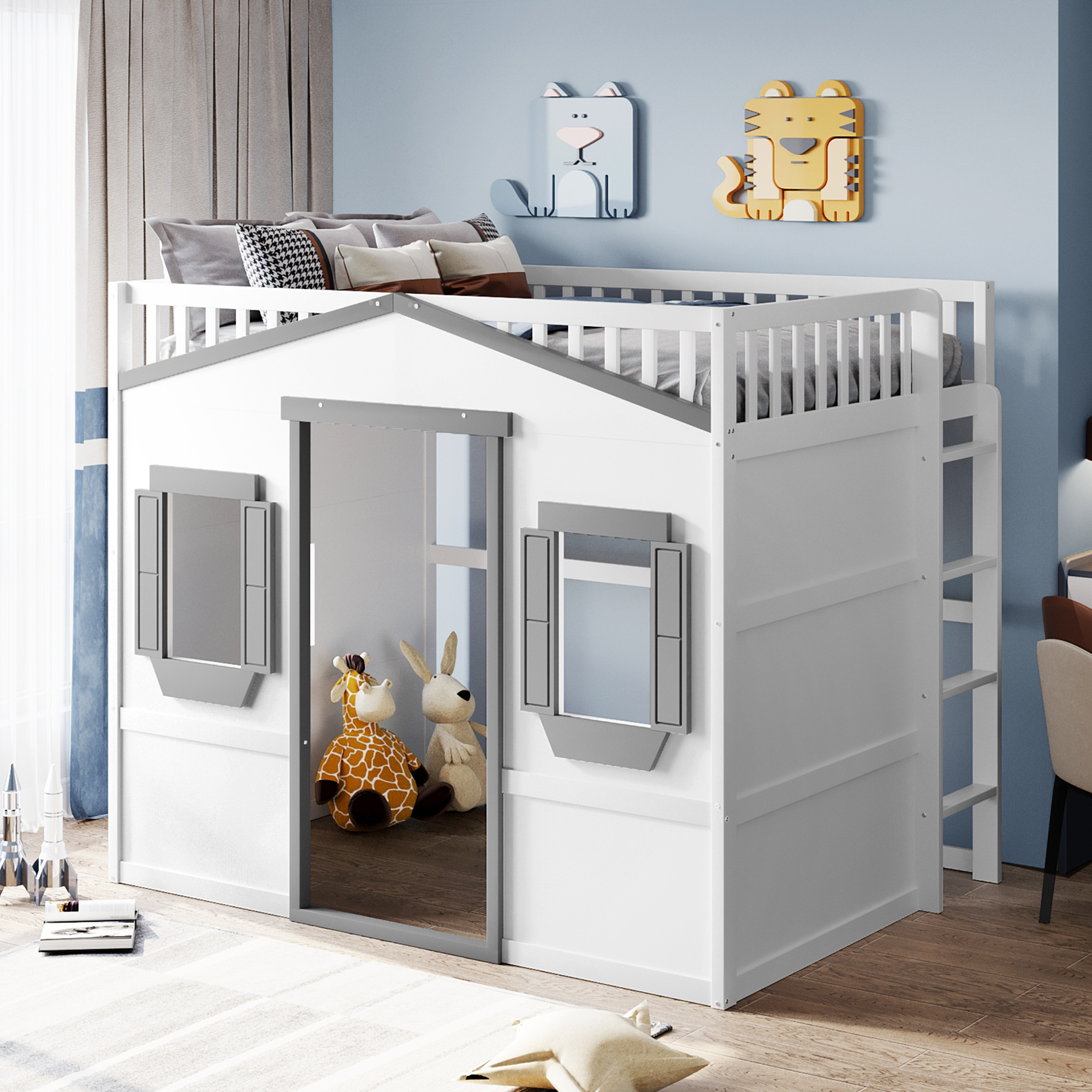 Full Size House Loft Bed With Ladder and Guardrail
