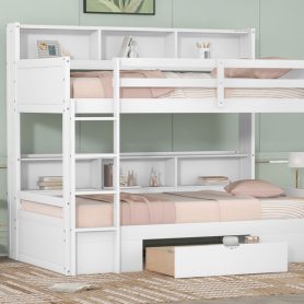 Twin Size Bunk Bed With Built-in Shelves, Beside Both Upper And Down Bed And Storage Drawer