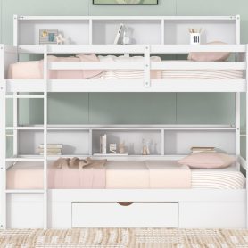Twin Size Bunk Bed With Built-in Shelves, Beside Both Upper And Down Bed And Storage Drawer