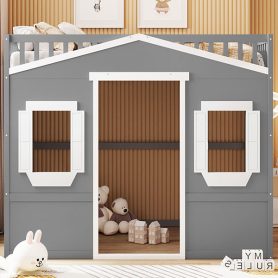 Full Size House Loft Bed With Ladder and Guardrail