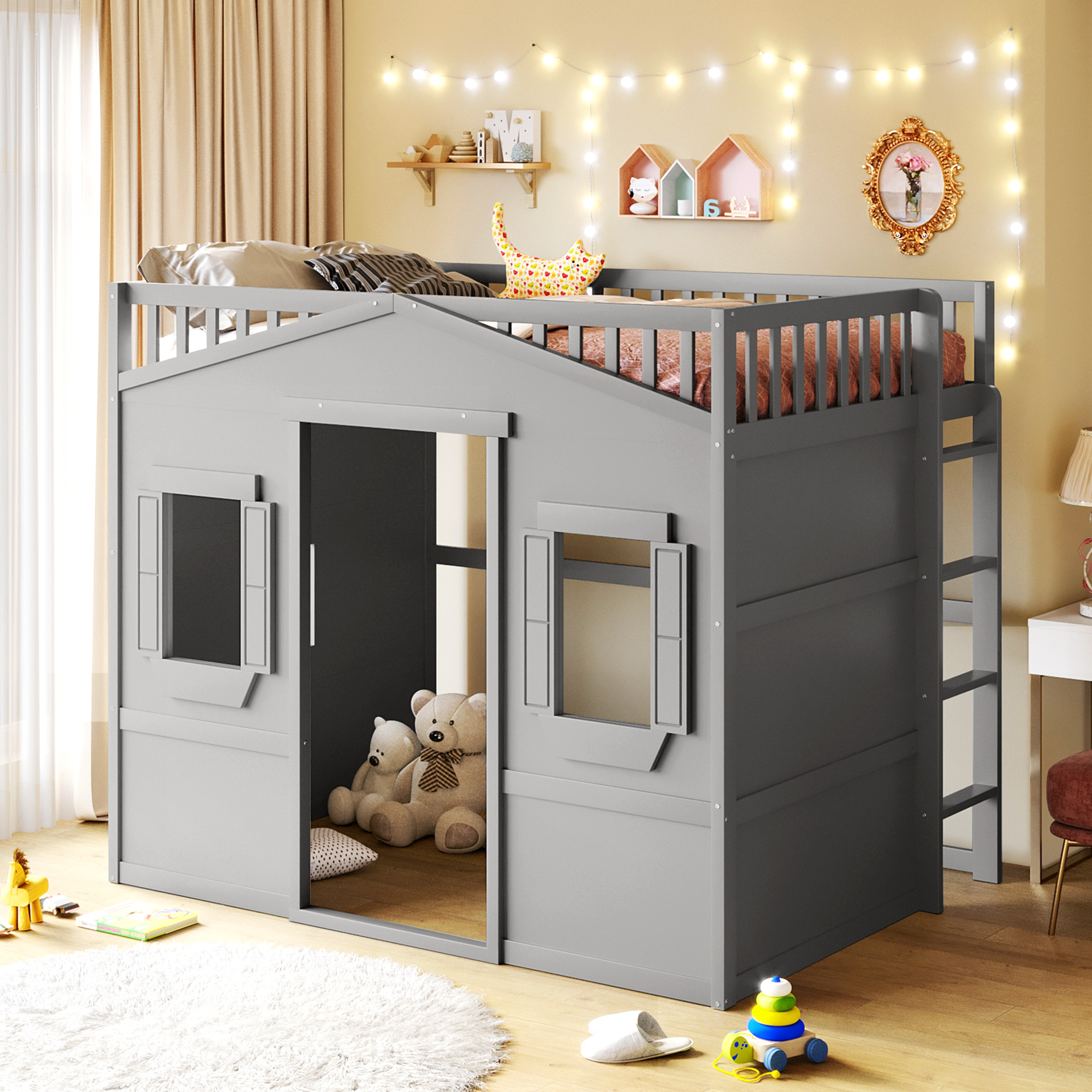 Full Size House Loft Bed With Ladder and Guardrail