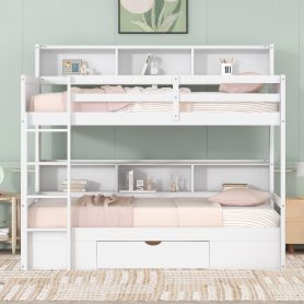 Twin Size Bunk Bed With Built-in Shelves, Beside Both Upper And Down Bed And Storage Drawer