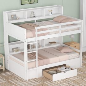 Twin Size Bunk Bed With Built-in Shelves, Beside Both Upper And Down Bed And Storage Drawer