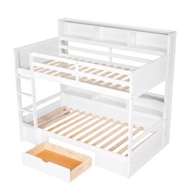Twin Size Bunk Bed With Built-in Shelves, Beside Both Upper And Down Bed And Storage Drawer