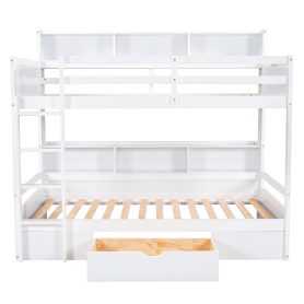 Twin Size Bunk Bed With Built-in Shelves, Beside Both Upper And Down Bed And Storage Drawer