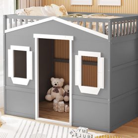 Full Size House Loft Bed With Ladder and Guardrail