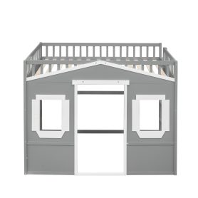 Full Size House Loft Bed With Ladder and Guardrail