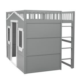 Full Size House Loft Bed With Ladder and Guardrail