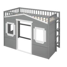 Twin Size House Loft Bed With Ladder and Guardrail