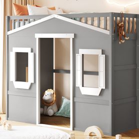 Twin Size House Loft Bed With Ladder and Guardrail