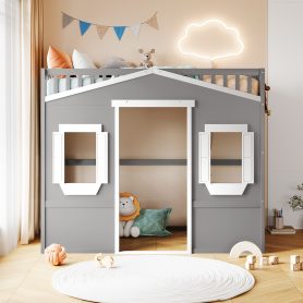 Twin Size House Loft Bed With Ladder and Guardrail