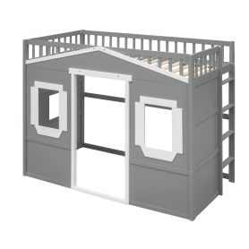 Twin Size House Loft Bed With Ladder and Guardrail