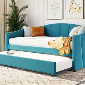 Twin Size Upholstered Daybed With Trundle Bed And Wood Slat
