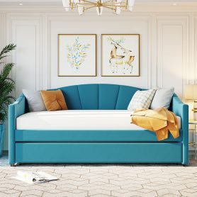 Twin Size Upholstered Daybed With Trundle Bed And Wood Slat