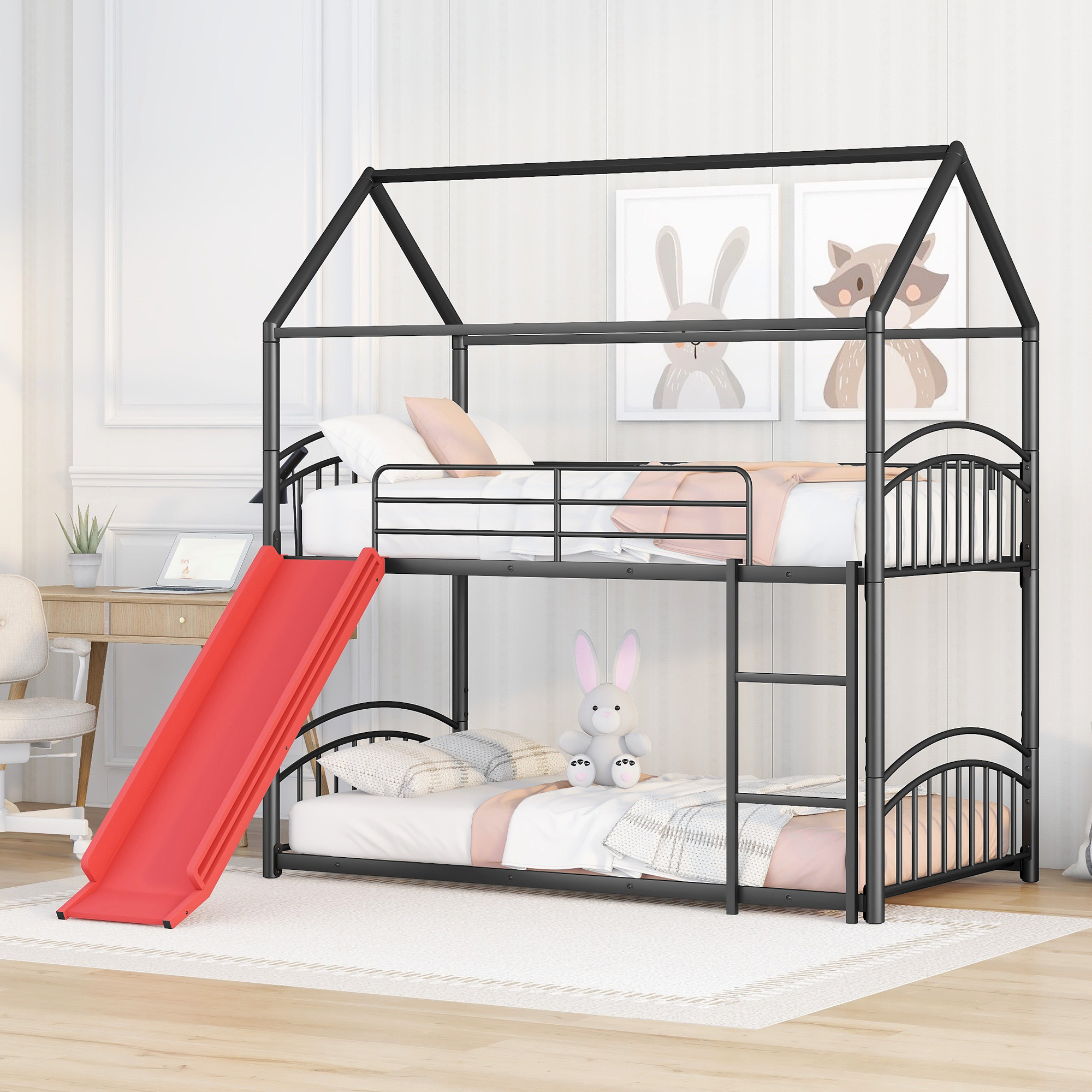House Shape Twin Over Twin Metal Bunk Bed With Slide