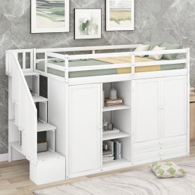 Functional Twin Size Loft Bed with 3 Shelves, 2 Wardrobes and 2 Drawers