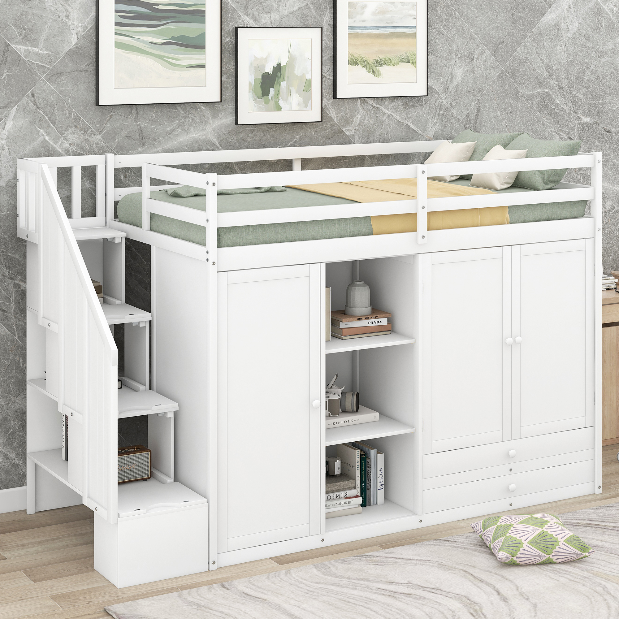 Functional Twin Size Loft Bed with 3 Shelves, 2 Wardrobes and 2 Drawers