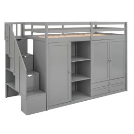 Multi-Functional Twin Size Loft Bed With 3 Shelves, 2 Wardrobes And 2 Drawers