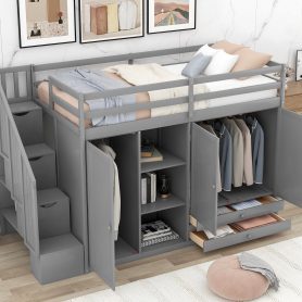 Multi-Functional Twin Size Loft Bed With 3 Shelves, 2 Wardrobes And 2 Drawers
