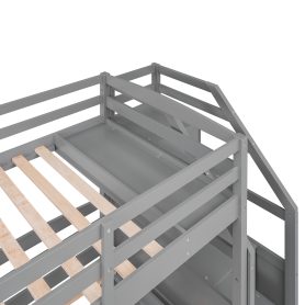 Twin Over Twin&Twin Bunk Bed With Drawers, Staircase and Built-in Shelves