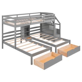 Twin Over Twin&Twin Bunk Bed With Drawers, Staircase and Built-in Shelves