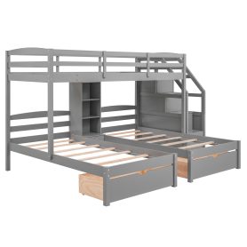 Twin Over Twin&Twin Bunk Bed With Drawers, Staircase and Built-in Shelves