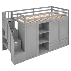 Multi-Functional Twin Size Loft Bed With 3 Shelves, 2 Wardrobes And 2 Drawers