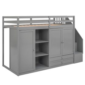 Multi-Functional Twin Size Loft Bed With 3 Shelves, 2 Wardrobes And 2 Drawers