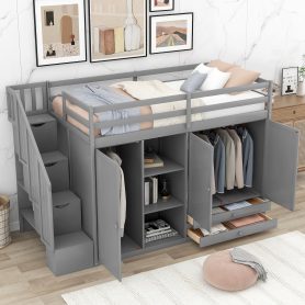 Multi-Functional Twin Size Loft Bed With 3 Shelves, 2 Wardrobes And 2 Drawers