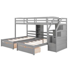 Twin Over Twin&Twin Bunk Bed With Drawers, Staircase and Built-in Shelves