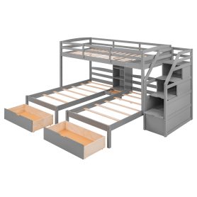 Twin Over Twin&Twin Bunk Bed With Drawers, Staircase and Built-in Shelves