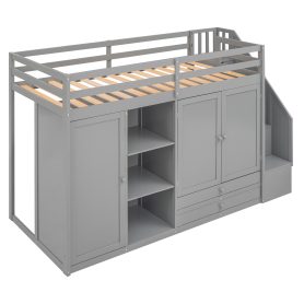Multi-Functional Twin Size Loft Bed With 3 Shelves, 2 Wardrobes And 2 Drawers