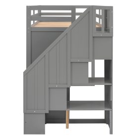 Multi-Functional Twin Size Loft Bed With 3 Shelves, 2 Wardrobes And 2 Drawers