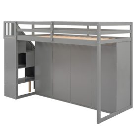 Multi-Functional Twin Size Loft Bed With 3 Shelves, 2 Wardrobes And 2 Drawers